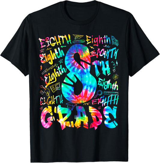 Back To School Eighth Grade Tie Dye Typography Teacher Shirt for 8th Graders by TeeBrew