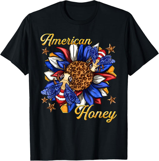 American Honey Bee Sunflower Leopard US Flag 4th Of July T-Shirt