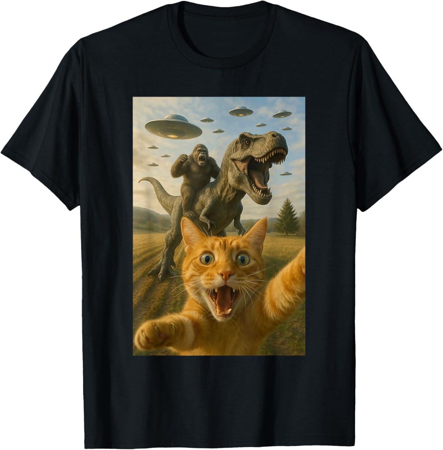 Funny Surprised Scared Cat Selfie T-Rex Dinosaur Bigfoot UFO T-Shirt