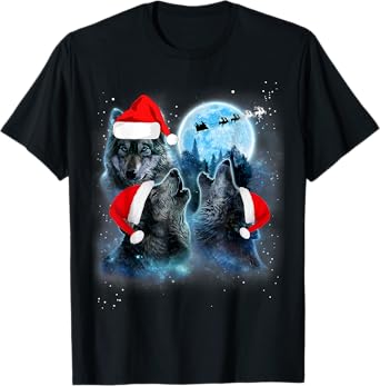 Three Wolves Howling Under Moon Christmas Santa Wolf Lover T-Shirt