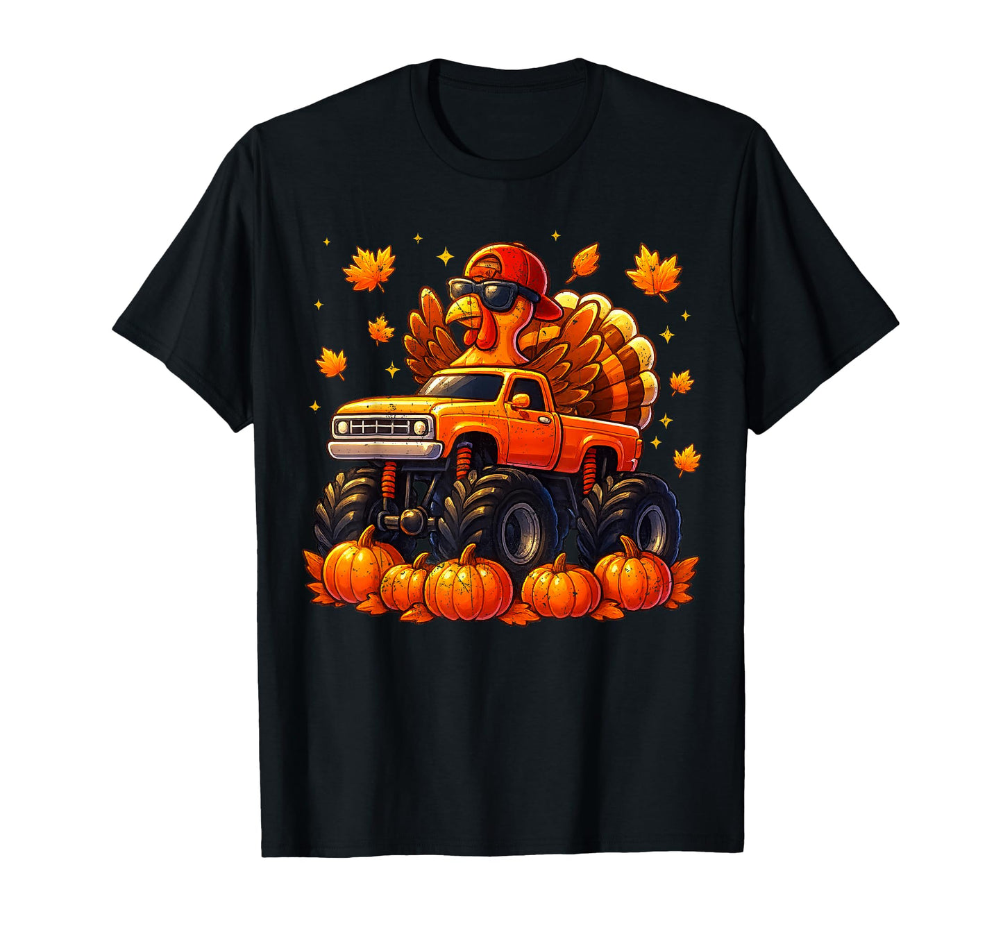 Vintage Turkey Monster Truck Pumpkin Thanksgiving Boys Kids T-Shirt