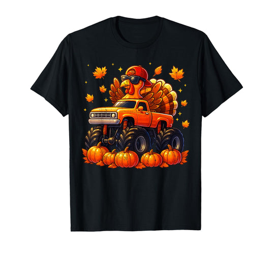 Vintage Turkey Monster Truck Pumpkin Thanksgiving Boys Kids T-Shirt