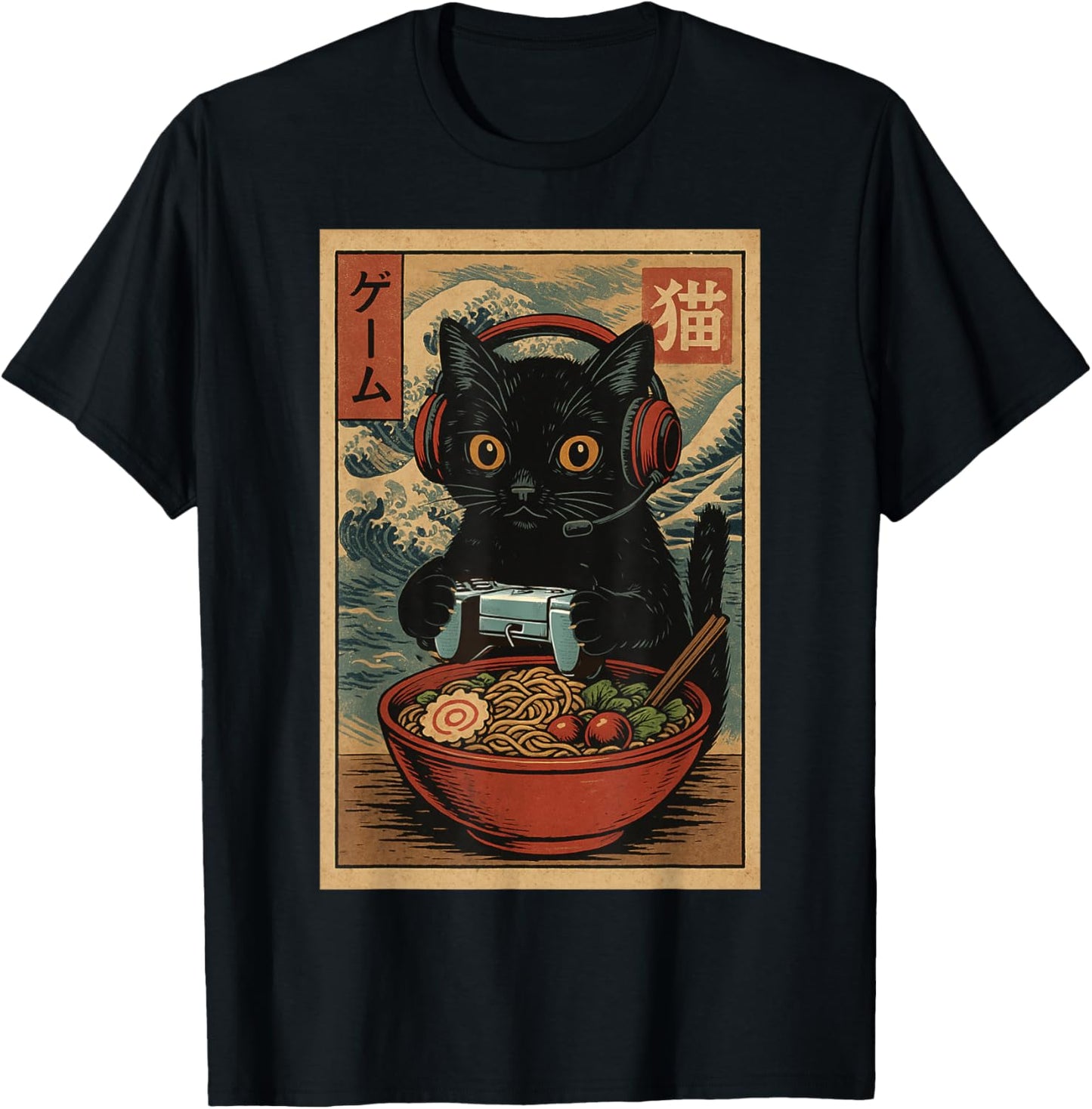 Cute Kawaii Gamer Cat Funny Ramen Retro Japanese Cat Gaming T-Shirt