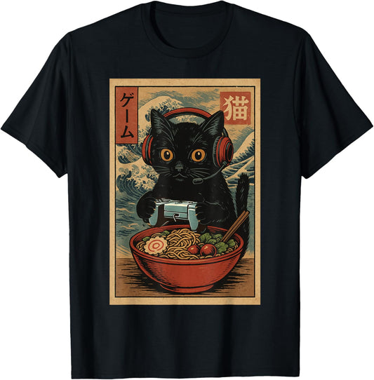 Cute Kawaii Gamer Cat Funny Ramen Retro Japanese Cat Gaming T-Shirt