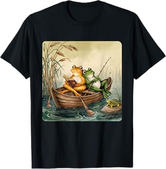 Toad Reading Book And Frog Fishing Vintage Couple Friends T-Shirt