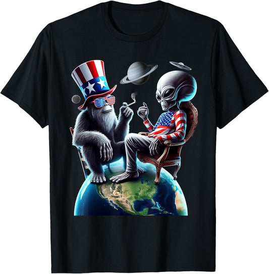 Patriotic Bigfoot Sasquatch Alien Space UFO 4th Of July T-Shirt
