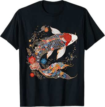 Koi Fish Vintage Flower Pattern Japanese Art Floral Koi Carp T-Shirt