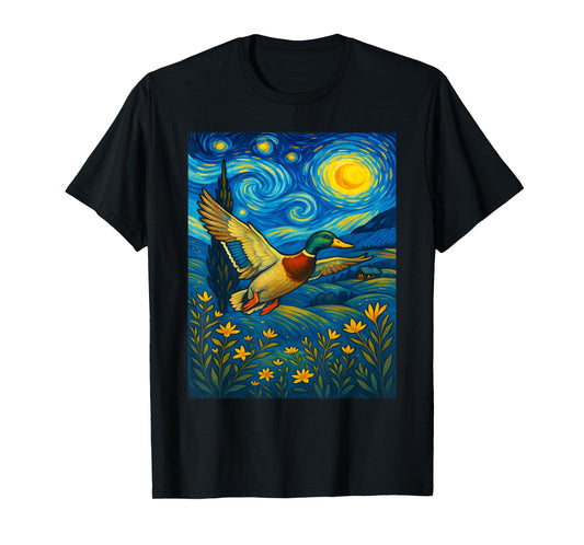 Starry Night Mallard Duck Van Gogh Style Hunting Farmer Farm T-Shirt