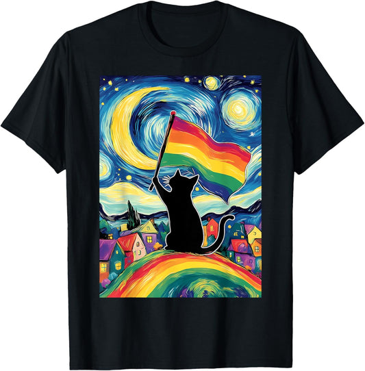 Gay Pride Cat Art Cat Starry Night Style LGBTQ Pride Support T-Shirt