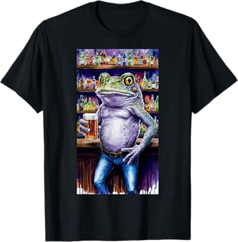 Frog Standing In A Bar Holding A Beer Adult Image T-Shirt