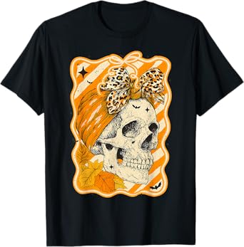 HUGvyn Fall Autumn: Skull Fall Bow Halloween Skeleton Women T-Shirt