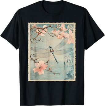 Vintage Japanese Dragonfly Cherry Blossoms Tree Woodblock T-Shirt