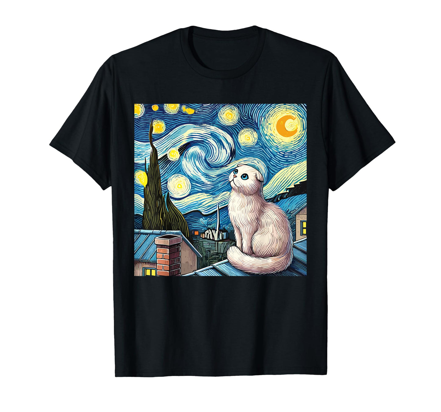 Scottish Fold Cat Under Starry Night Sky T-Shirt