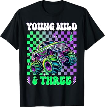 Kids 3rd Birthday Boy Monster Truck Young Wild And Three T-Shirt