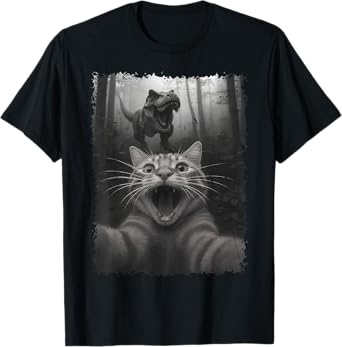 Funny Cat Selfie with T-Rex Dinosaur Black and Whit Design T-Shirt