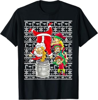 Santa Claus Keg Stand Beer Elves Drinking Humor Christmas T-Shirt