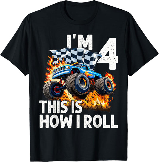 4th Birthday Boys Monster Truck Car Shirt I'm 4 This Is How I Roll Tee by TeeBrew