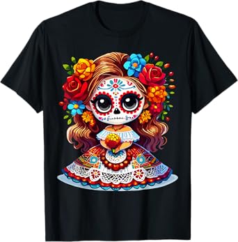 Cute Catrina Doll with Flowers Sugar Skull Halloween Costume T-Shirt