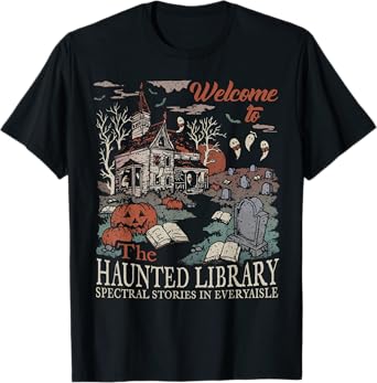 Retro Welcome To The Haunted Library Book Lovers Halloween T-Shirt