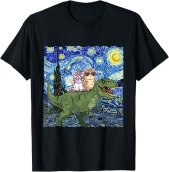 Cat Unicorn Riding Dinosaur T rex Kitten Lover Starry Night T-Shirt for Men Women Kids