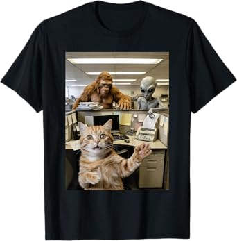 Funny Graphic Cat Selfie with Alien Bigfoot Office Cubicle T-Shirt for Men Women