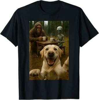 Dog Selfie With Bigfoot Alien Funny Men Women T-Shirt