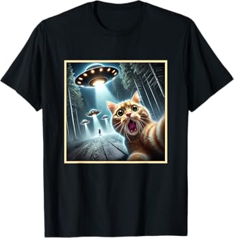 Funny Cat Taking A Selfie With UFO T-Shirt for Men Women Kids