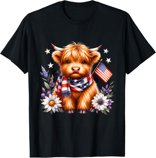 Cute Highland Cow Florals 4th Of July Usa Flag Patriotic Cow T-shirt