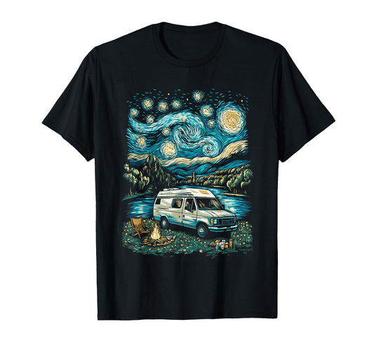Camper Van Adventure Under Starry Sky Near Flowing River T-Shirt