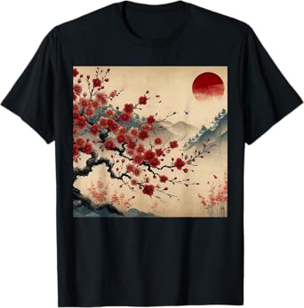 Vintage Cherry Blossom Woodblock Tee Japanese Graphical Art T-Shirt