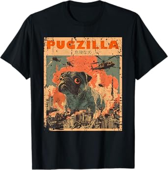 Pug Lover Clothes Pugs Clothing Japan Movie Poster Pugzilla Tee Design for Pug Owner Retro Vintage Apparel Pugs T-Shirt Unisex-Adults, Unisex-Kids Black Short Sleeve Small T-Shirt