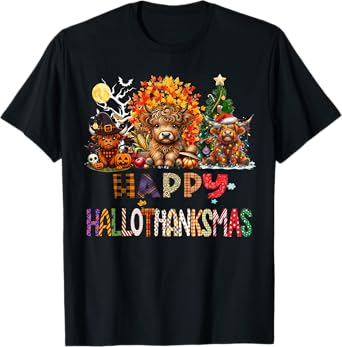 Happy Halloween Thanksgiving Christmas Highland Cow Holiday T-Shirt