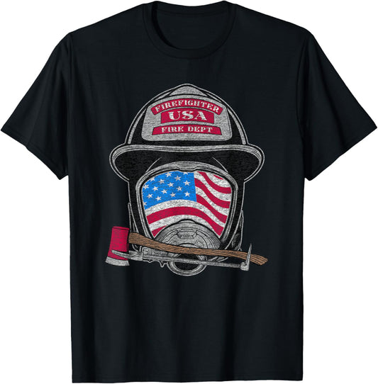 Firefighter Fireman Helmet American Flag USA Vintage Graphic T-Shirt