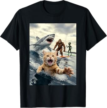 Funny Cat Surfing Bigfoot Alien Shark Men Women T-Shirt