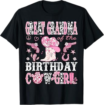 Great Grandma Of The Birthday Cow-Girl Pink Disco Western T-Shirt