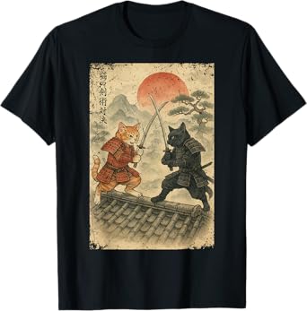 Samurai Cats Fighting Vintage Japanese Ukiyo-e Funny Cat T-Shirt for Men Women Kids