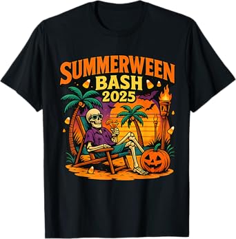 SummerWeen Bash 2025 Skeleton Beach Party Halloween Vibes T-Shirt