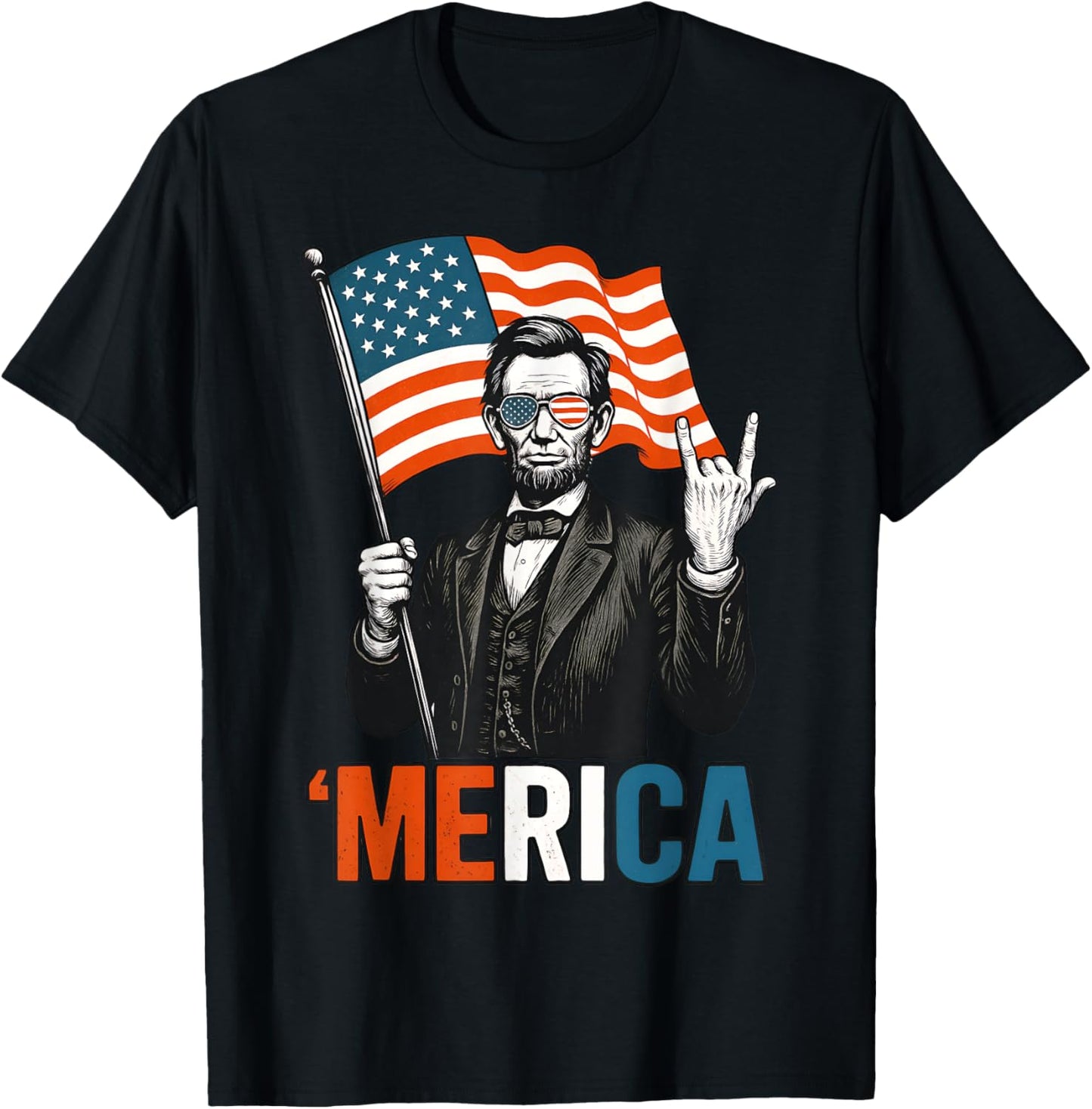 Lincoln Merica Rock Funny 4th Of July American Flag USA T-Shirt