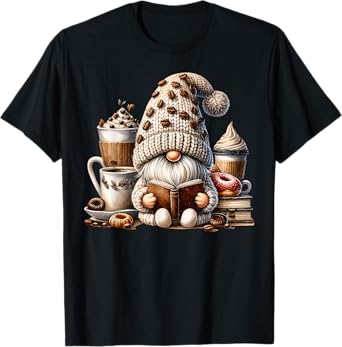 Vintage Cute Gnome Reading Book Coffee Latte Men Women Kids T-Shirt