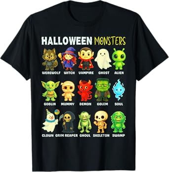 Types of Halloween Monsters Educational Poster For Kids Cute T-Shirt