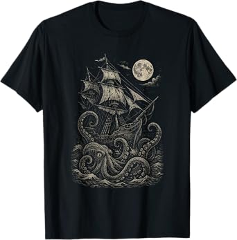 Vintage Pirate Ship Attacked by Sea Monster Kraken T-Shirt