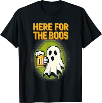Here for The Boos Funny Pixel Art Ghost Halloween T-Shirt