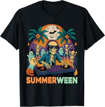 Summerween DJ Skeleton Beach Party Halloween Music Vibes T-Shirt