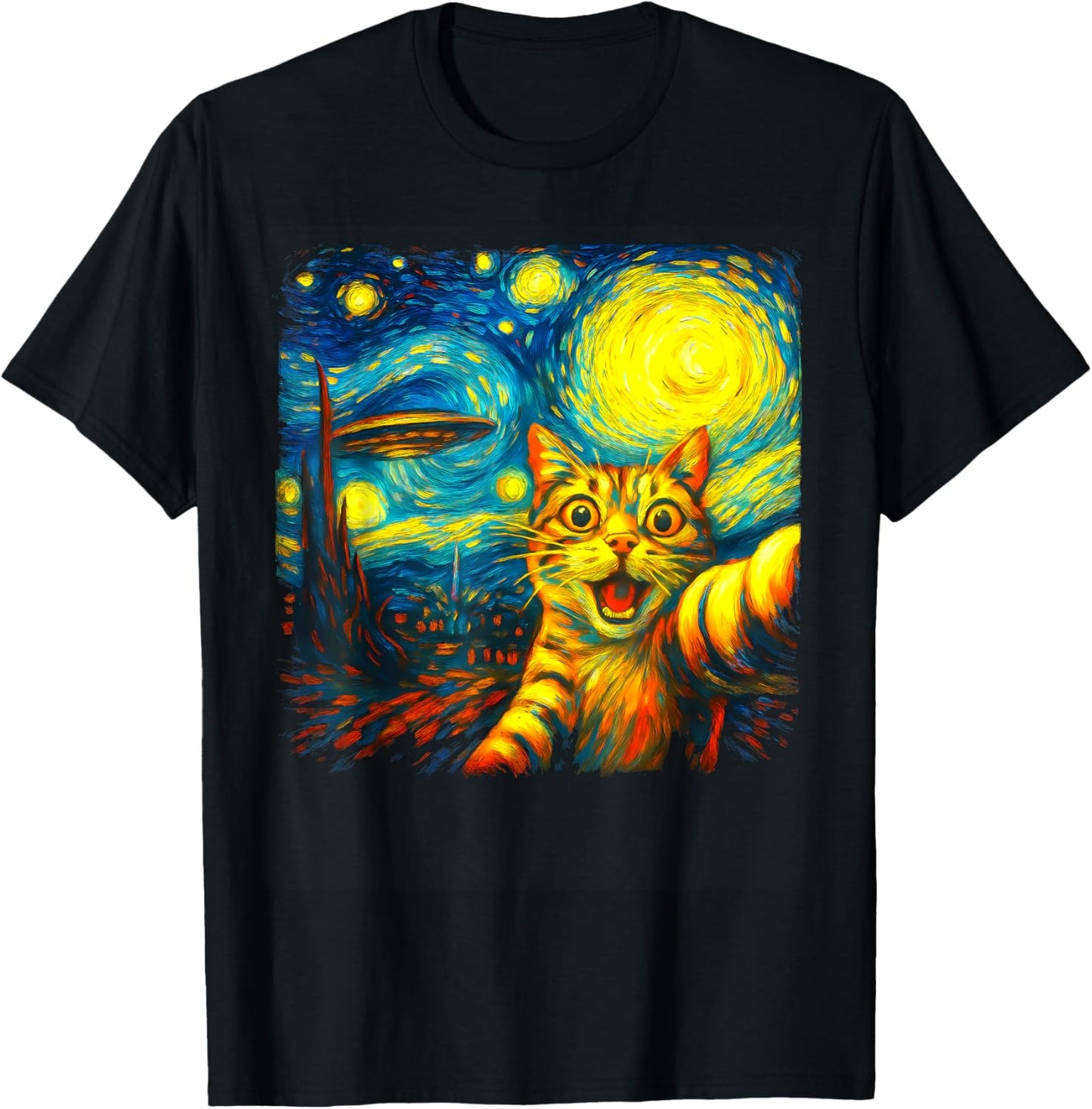 Cat Selfie With Alien UFO Funny Starry Night Van Gogh T-Shirt