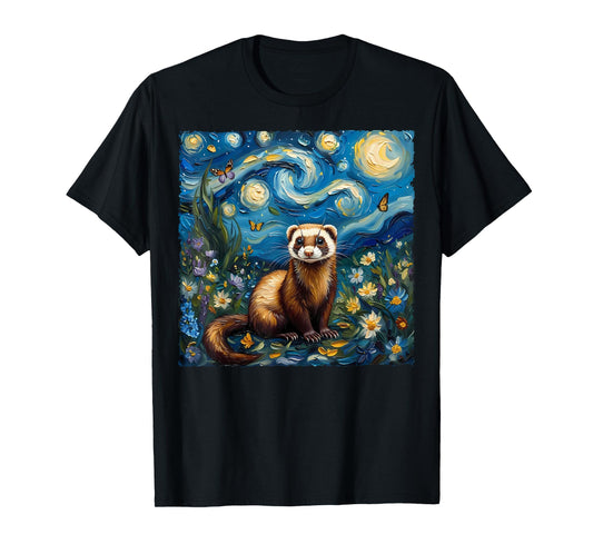 Van Gogh's Starry Night Style Earth Day Ferret Wildlife Art T-Shirt