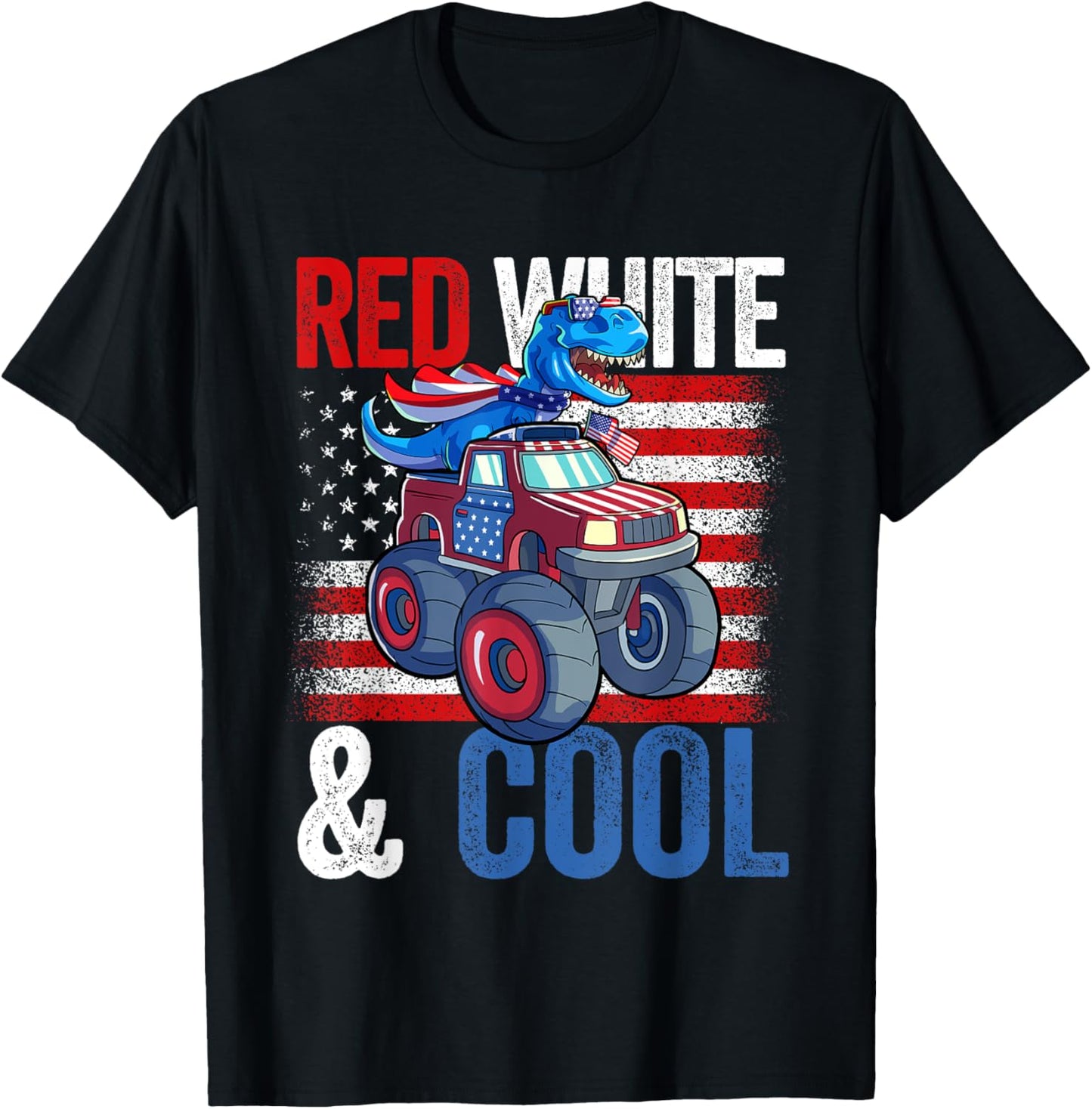 Dinosaur Monster Truck Dino 4th Of July Boys American Flag T-Shirt