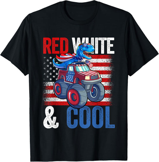 Dinosaur Monster Truck Dino 4th Of July Boys American Flag T-Shirt