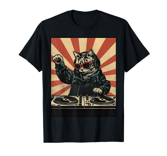 Retro DJ Cat Disco Sound Tech Headphone Music Turntable T-Shirt for Men Women