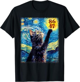 Resist Trump 8647 Van Gogh Starry Night Black Cat No Kings T-Shirt