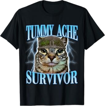 Funny Saying Cats Tummy Ache Survivor Cat Meme Humor Men T-Shirt